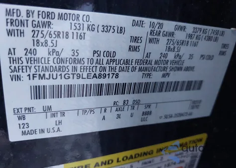 2020 Ford Expedition Xl z USA, uszkodzony, nr VIN 1FMJU1GT9LEA89178